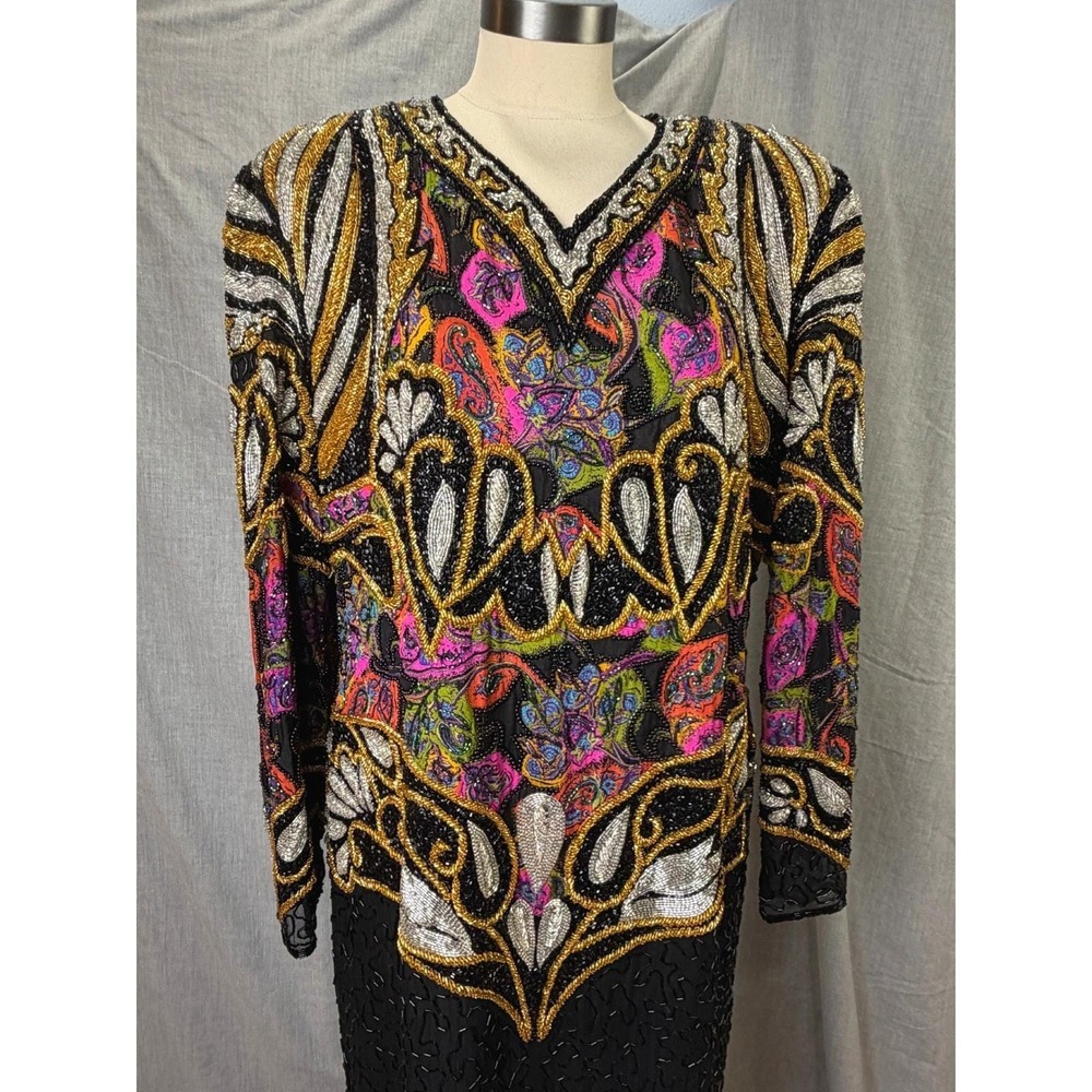 Vintage Jasdee Beaded Multicolor Silk Maxi Dress Long Sleeve Paisley India XL